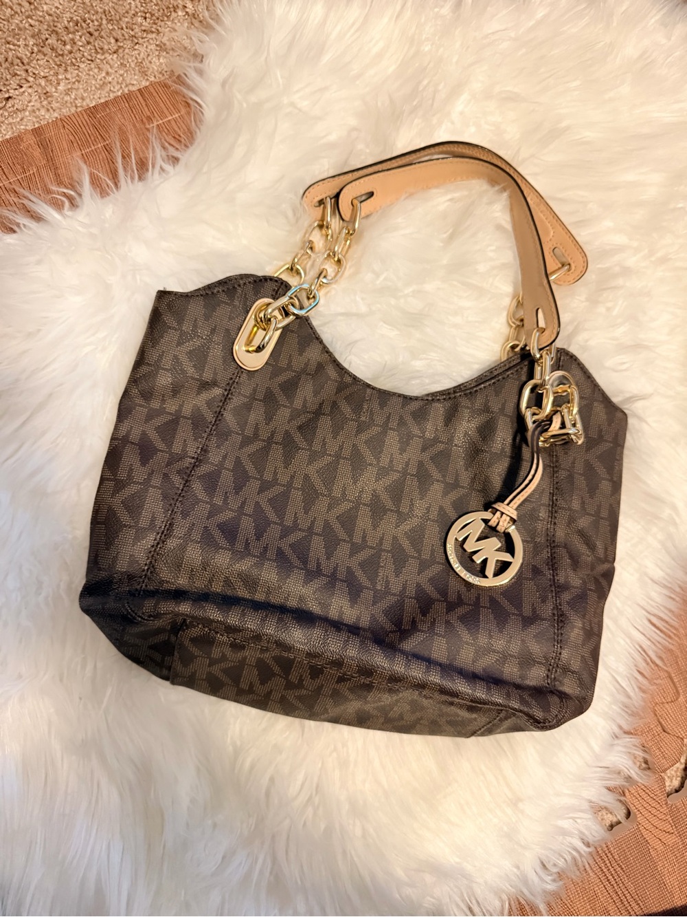 Michael Kors Dark Brown/Beige Logo Shoulder Bag with Gold Hardware